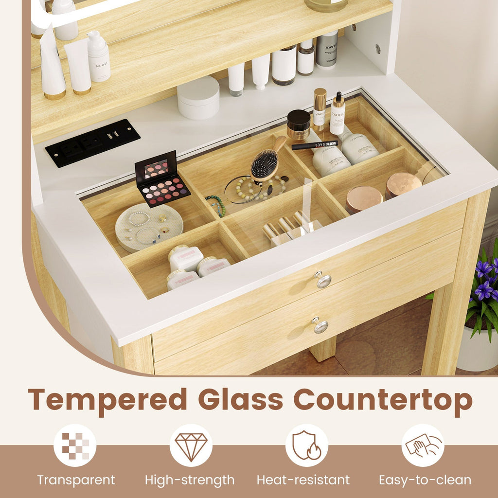 Small Vanity Desk Set with Adjustable LED Lighted Mirror and Power Outlets-White