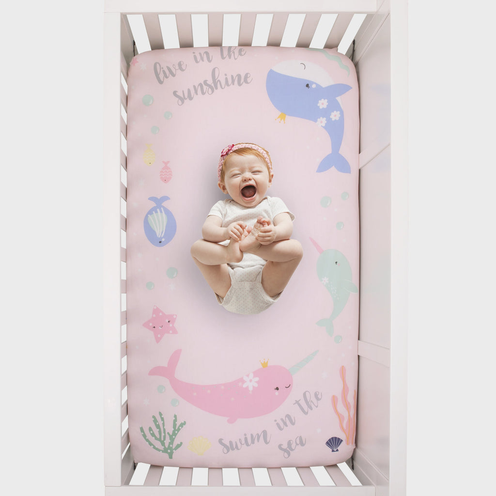 Under the Sea Whimsy Pink and Blue Whales and Narwhals 100% Cotton Photo Op Fitted Crib Sheet