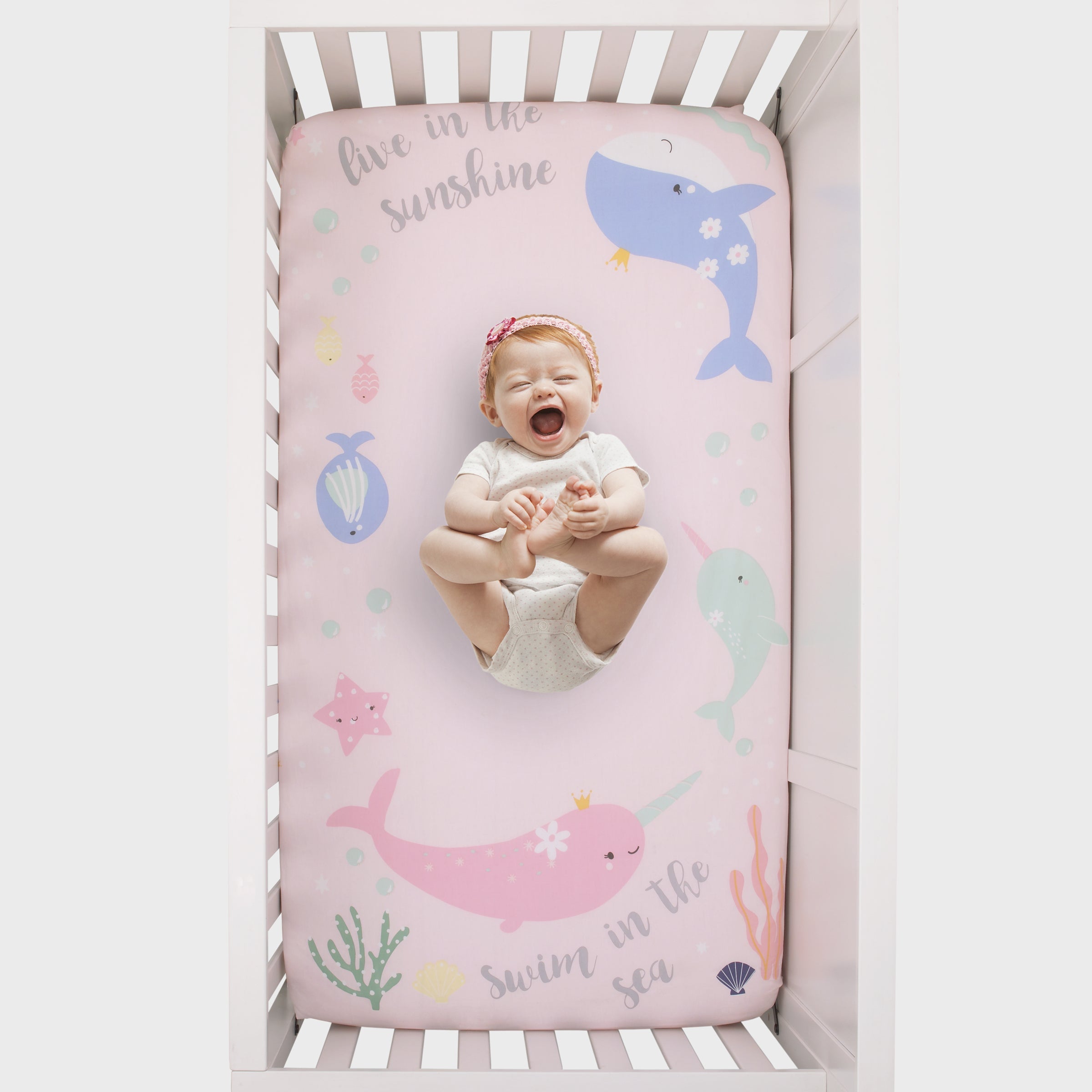 Under the Sea Whimsy Pink and Blue Whales and Narwhals 100% Cotton Photo Op Fitted Crib Sheet