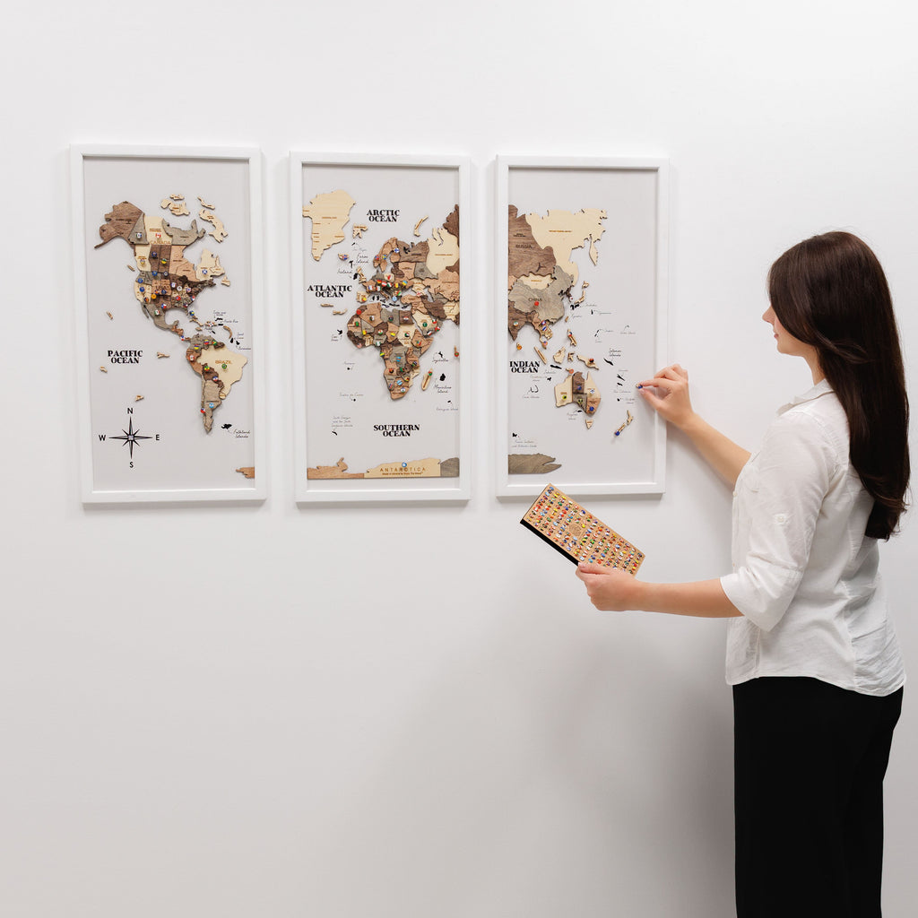 Triptych Wall Art - Wooden World Map (Smokey)