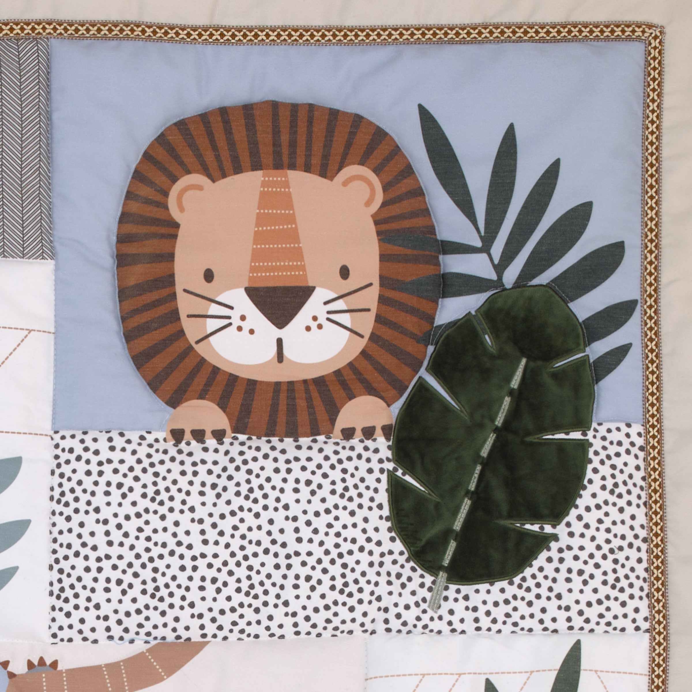 Jungle Paradise Green, Gray, and Tan Lion, Sloth, and Leopard Palm Leaf 4 Piece Nursery Crib Bedding Set - Comforter, 100% Cotton Fitted Sheet, Crib Skirt, and Storage Caddy