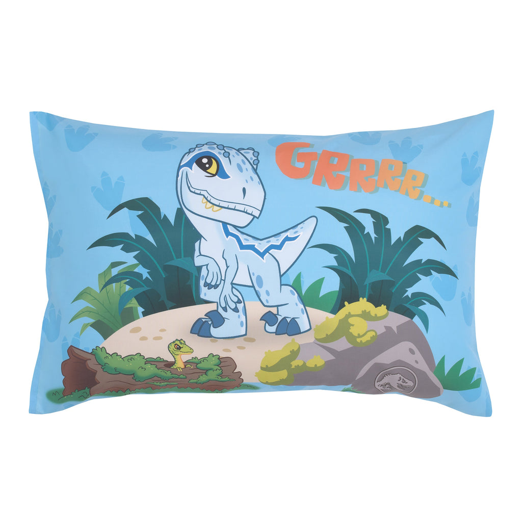 Universal Jurassic World Explorers Welcome to Jurassic World, Green, Blue, and Tan Dinosaur 4 Piece Toddler Bed Set - Comforter, Fitted Bottom Sheet, Flat Top Sheet, and Reversible Pillowcase