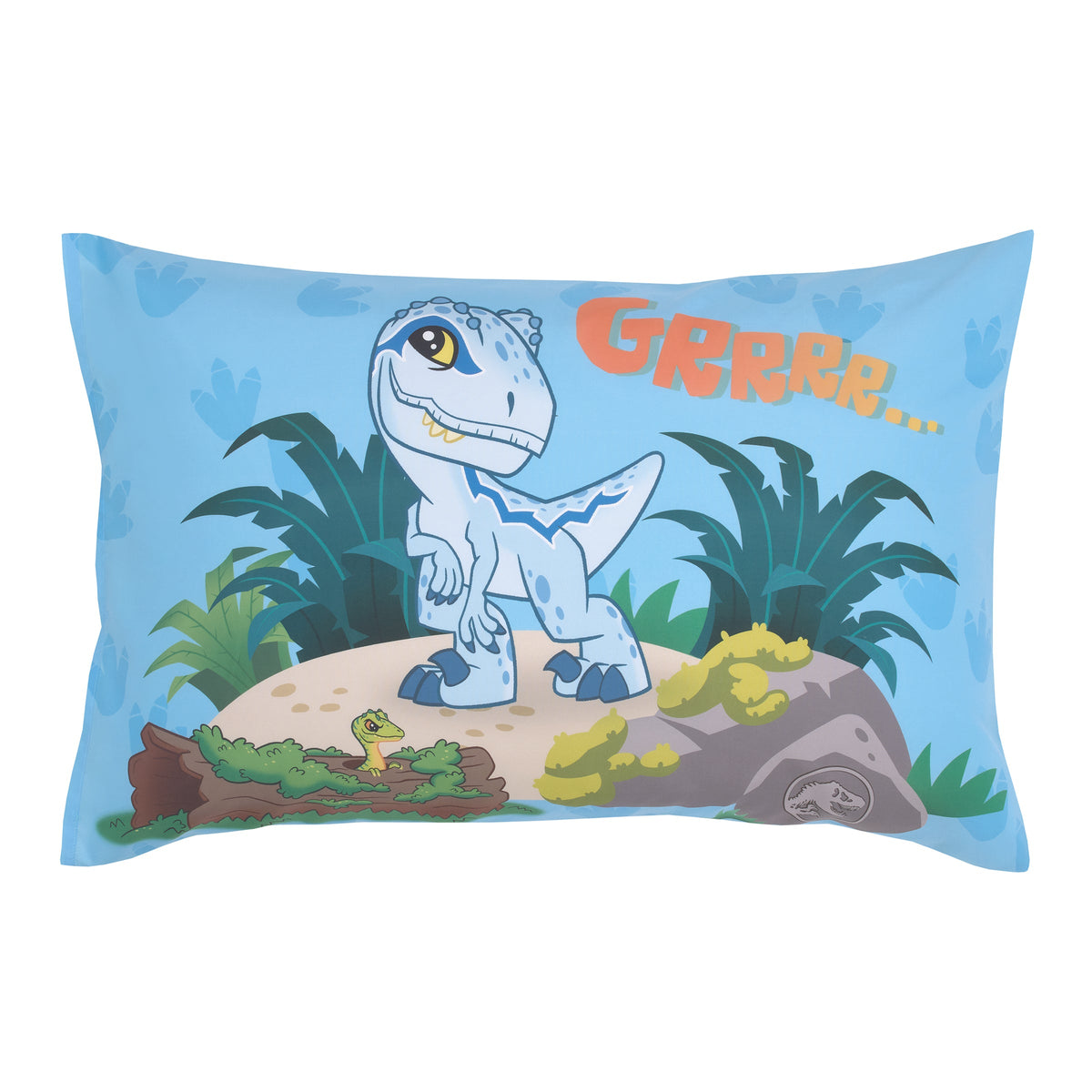 Universal Jurassic World Explorers Welcome to Jurassic World, Green, Blue, and Tan Dinosaur 4 Piece Toddler Bed Set - Comforter, Fitted Bottom Sheet, Flat Top Sheet, and Reversible Pillowcase