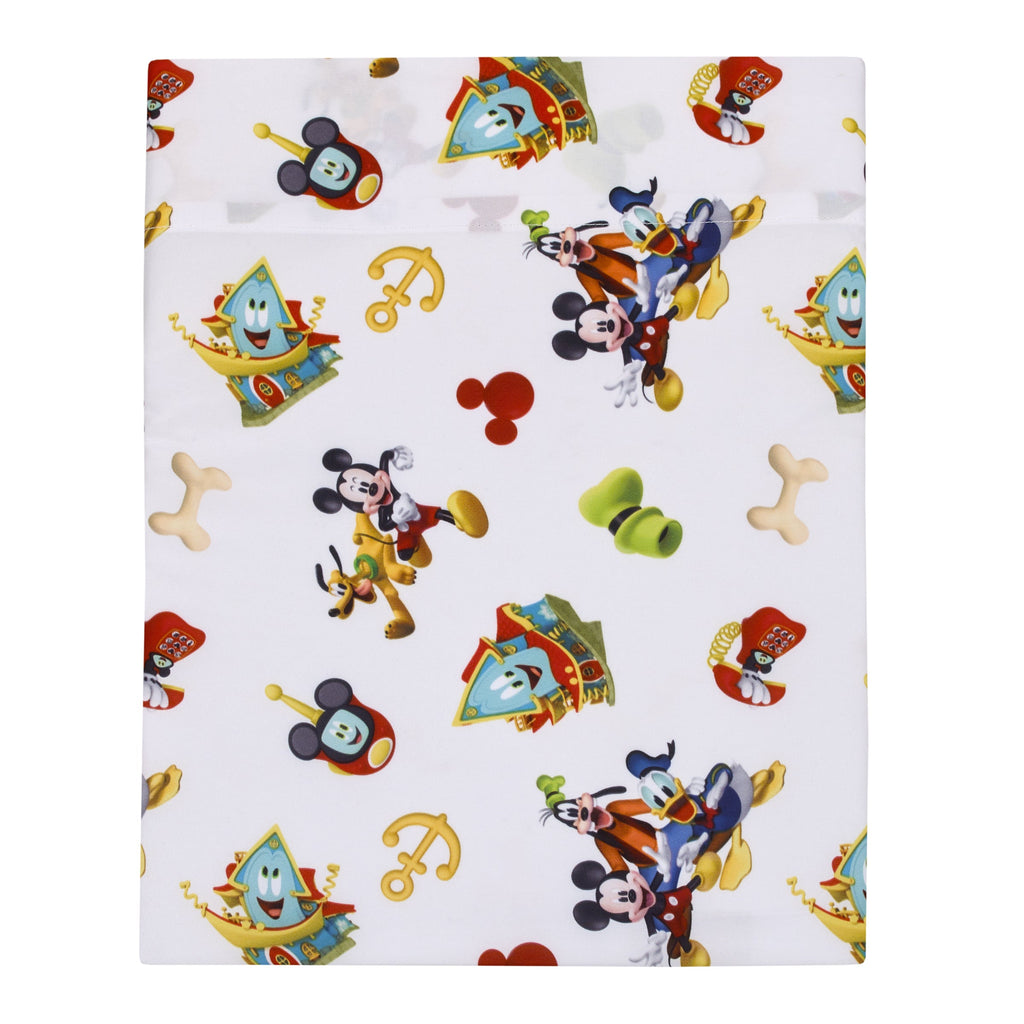 Disney Mickey Mouse Funhouse Crew Blue, Red and Yellow, Funny, Donald Duck, Goofy and Pluto 4 Piece Toddler Bed Set - Comforter, Fitted Bottom Sheet, Flat Top Sheet, and Reversible Pillowcase