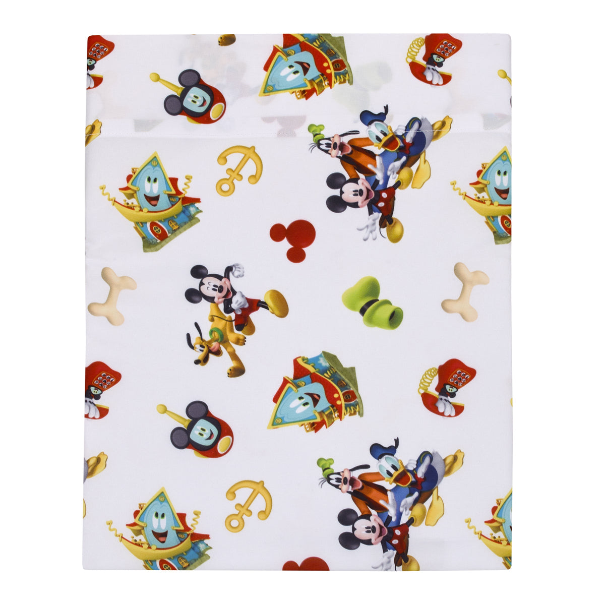 Disney Mickey Mouse Funhouse Crew Blue, Red and Yellow, Funny, Donald Duck, Goofy and Pluto 4 Piece Toddler Bed Set - Comforter, Fitted Bottom Sheet, Flat Top Sheet, and Reversible Pillowcase