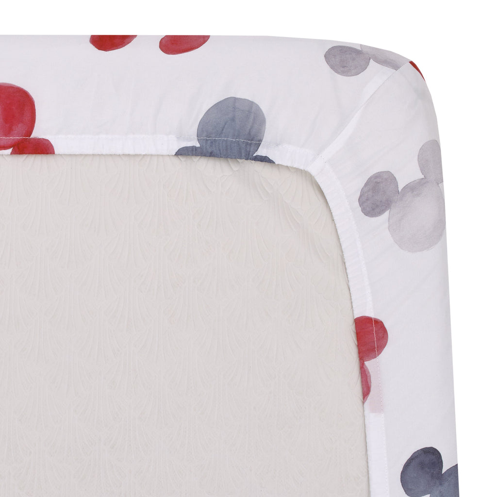 Mickey Mouse - Black, White, Gray and Red Watercolor Mickey Ears Nursery Fitted Crib Sheet