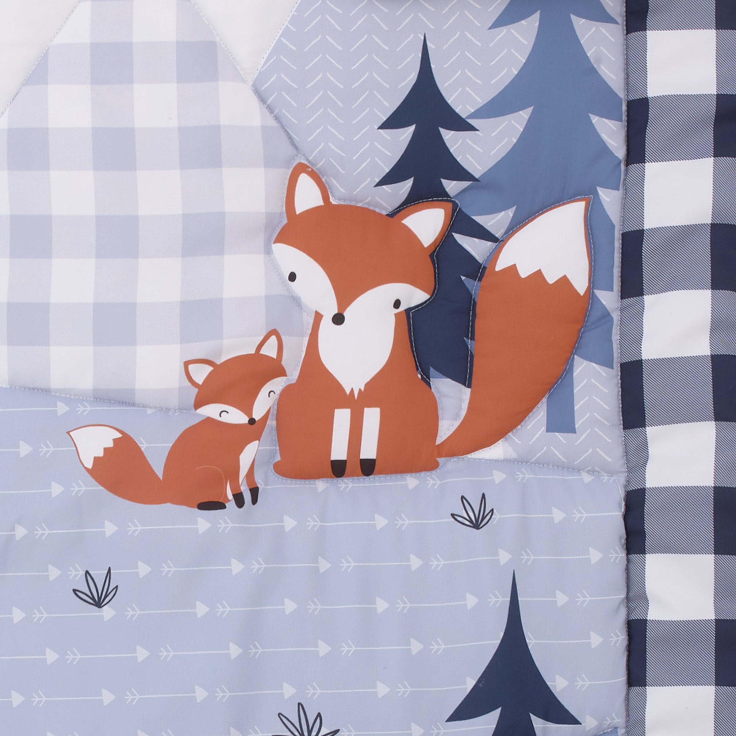 National Park Navy Buffalo Check, Gray, Blue, and Brown Camping Bear, Deer, and Fox 3 Piece Nursery Crib Bedding Set - Comforter, Fitted Crib Sheet, and Crib Skirt