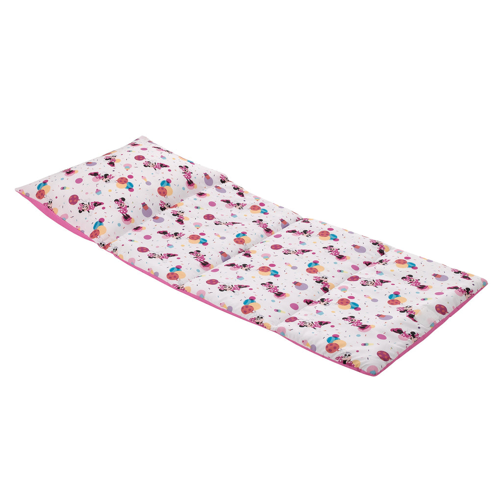 Minnie Mouse Let's Party Pink, Lavender, and White Balloons, Cupcakes, and Confetti Deluxe Easy Fold Toddler Nap Mat