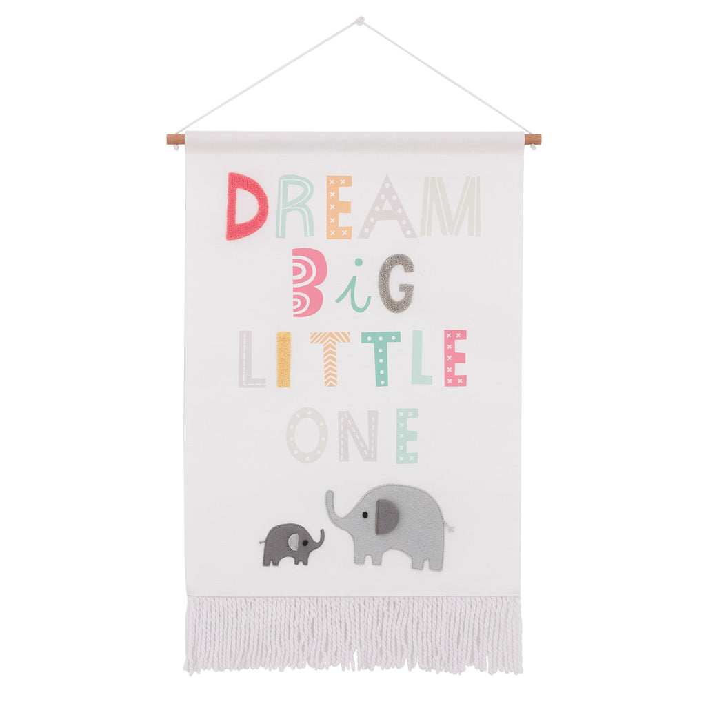 Dream Big Little One White, Gray, Teal, and Orange, Mama and Baby Elephants Wall DÃ©cor Banner