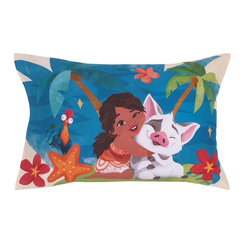 NoJo Disney Moana 2 Ocean Sisters 4 Piece Toddler Bed Set - Comforter, Fitted Bottom Sheet, Flat Top Sheet, Reversible Pillowcase, Aqua, and Orange