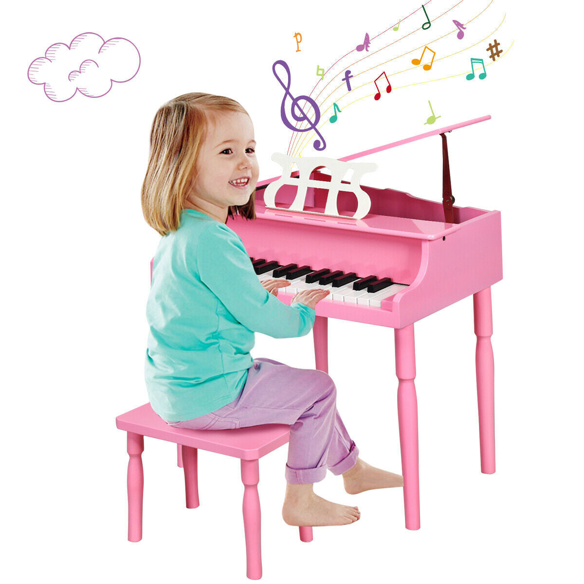 30-Key Wood Toy Kids Grand Piano with Bench