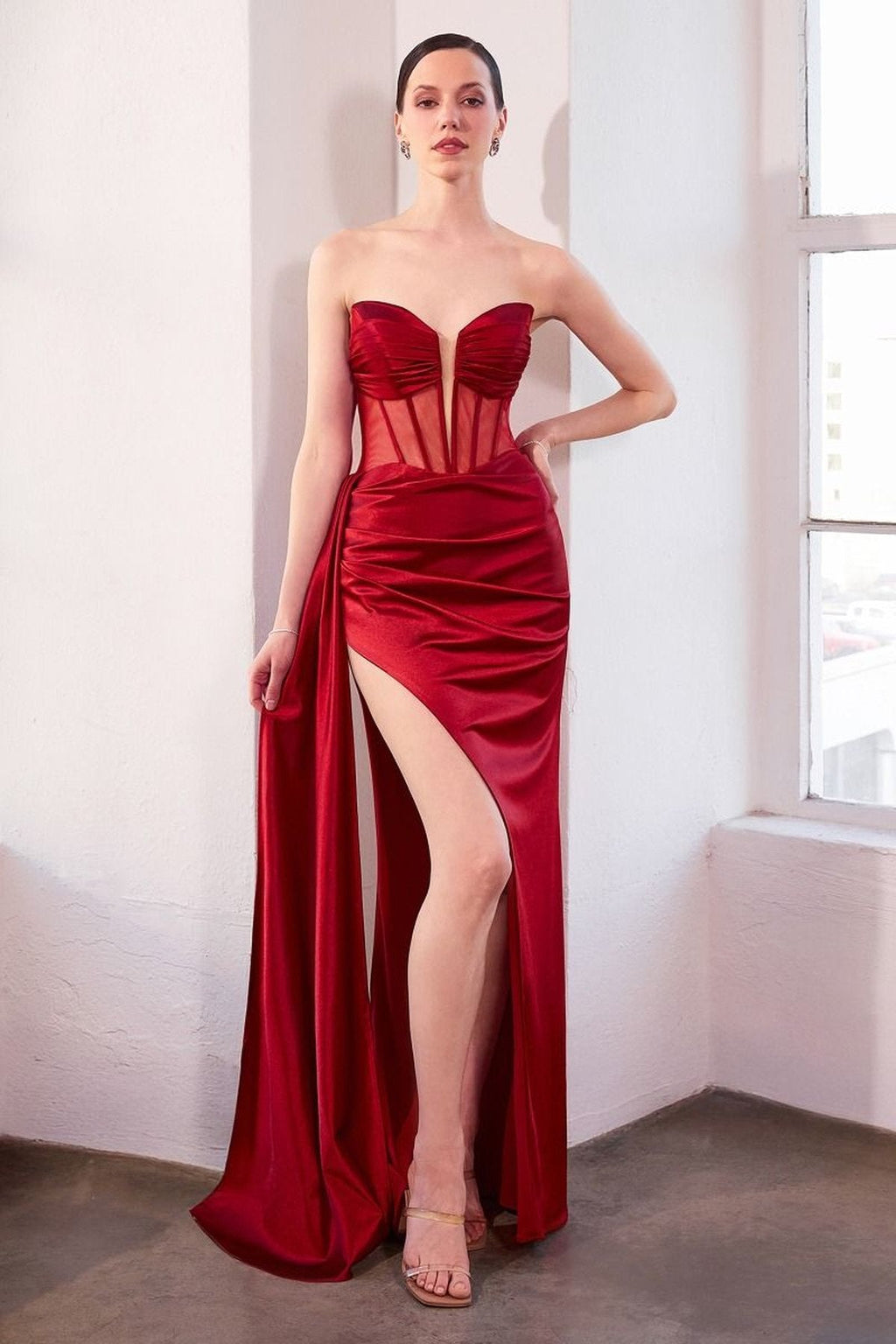 Ladivine Amoris T811 Long Fitted Satin Strapless Evening Gown