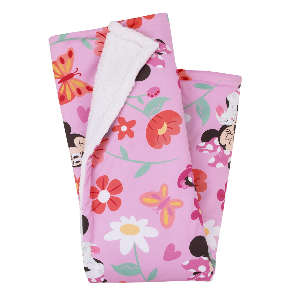 Minnie Mouse Springtime Flowers Pink Orange, Green, and White Super Soft Sherpa Baby Blanket