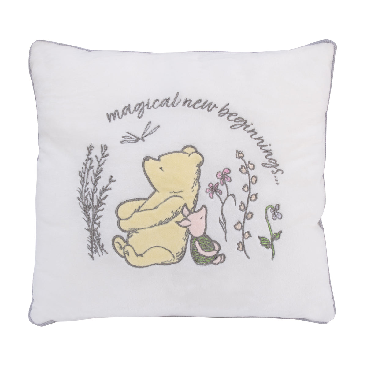 Classic Pooh Naturally Friends Ivory and Taupe Magical New Beginnings Appliqued Decorative Pillow