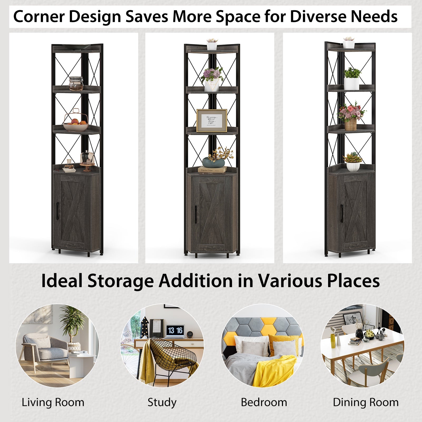 Tall Corner Storage Cabinet with 3-Tier Shelf and Enclosed Cabinet