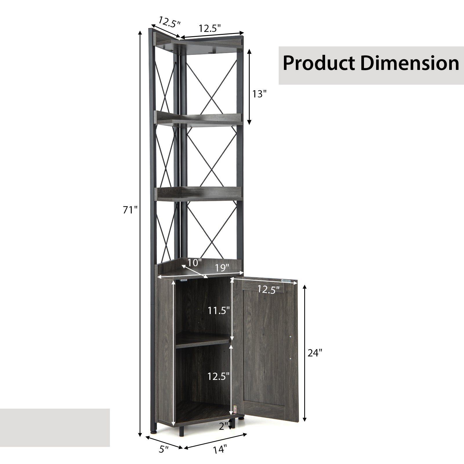Tall Corner Storage Cabinet with 3-Tier Shelf and Enclosed Cabinet