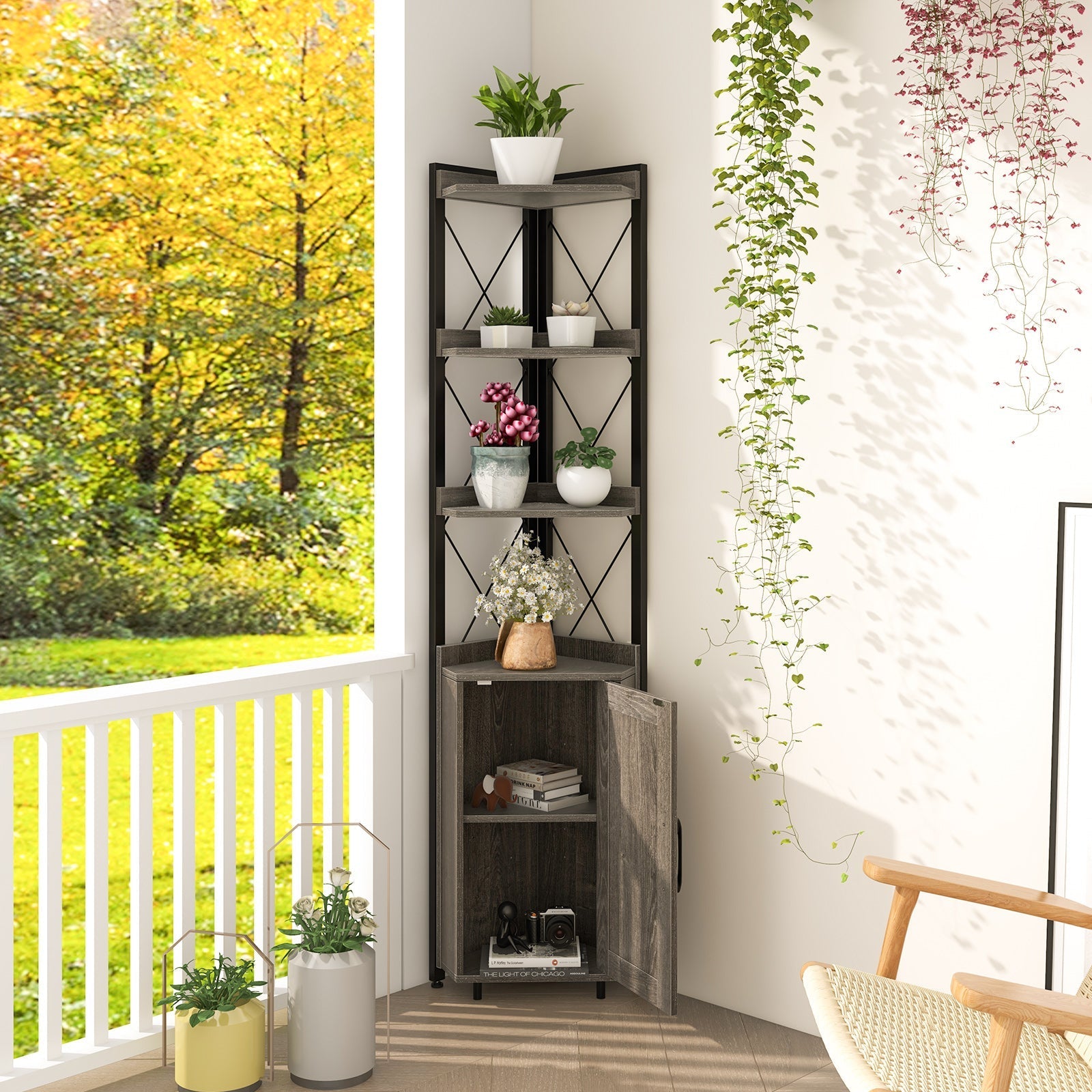 Tall Corner Storage Cabinet with 3-Tier Shelf and Enclosed Cabinet