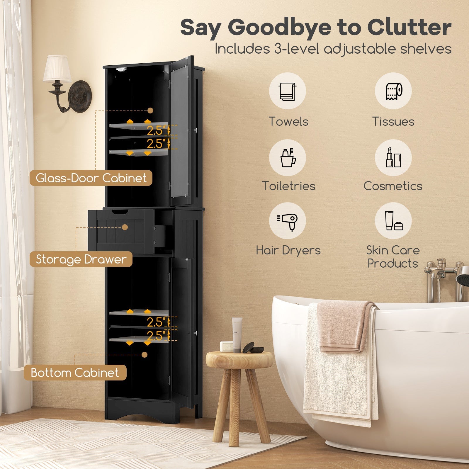 Tall Floor Storage Cabinet with 2 Doors and 1 Drawer for Bathroom