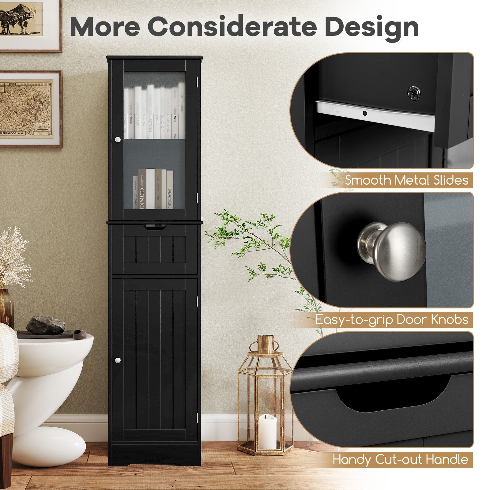 Tall Floor Storage Cabinet with 2 Doors and 1 Drawer for Bathroom
