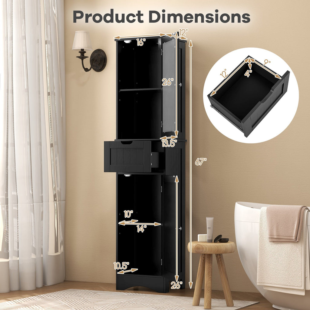 Tall Floor Storage Cabinet with 2 Doors and 1 Drawer for Bathroom