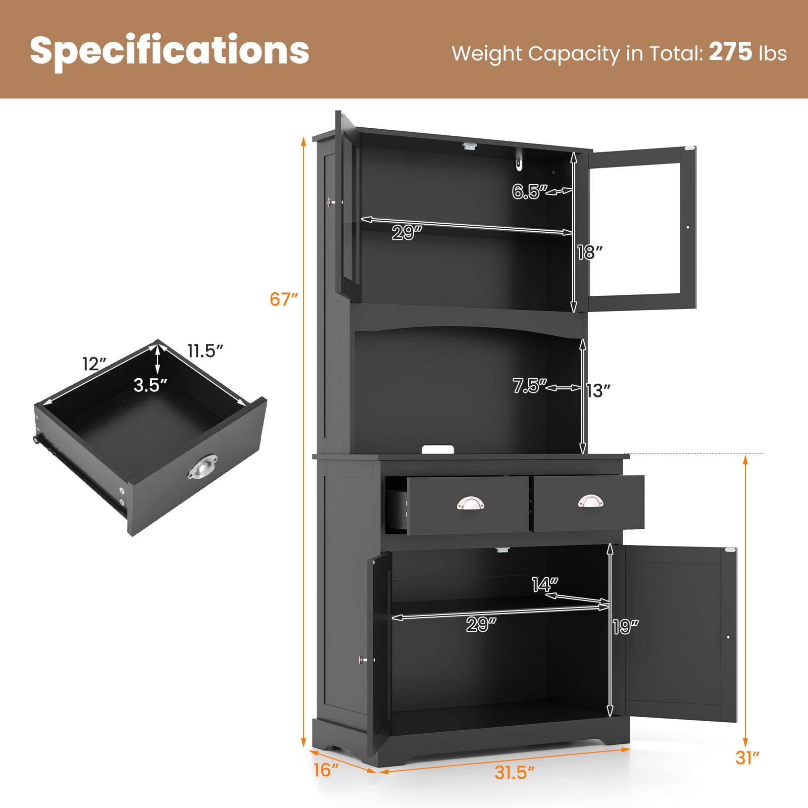 Tall Sideboard with 2 Drawers and Adjustable Shelves