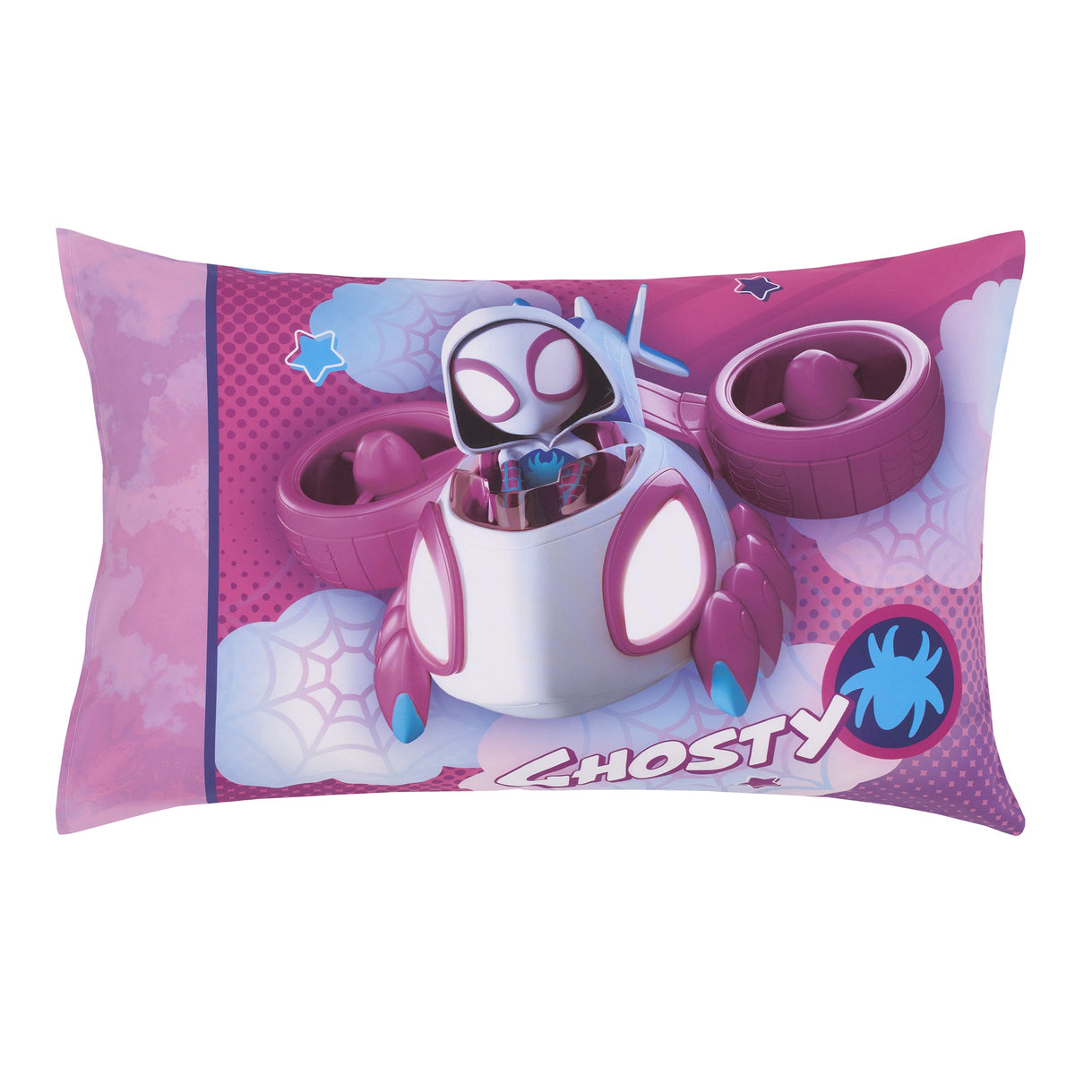 Marvel Ghost Spider, Go Ghosty Purple, Pink, and Blue 4 Piece Toddler Bed Set - Comforter, Fitted Bottom Sheet, Flat Top Sheet, and Reversible Pillowcase