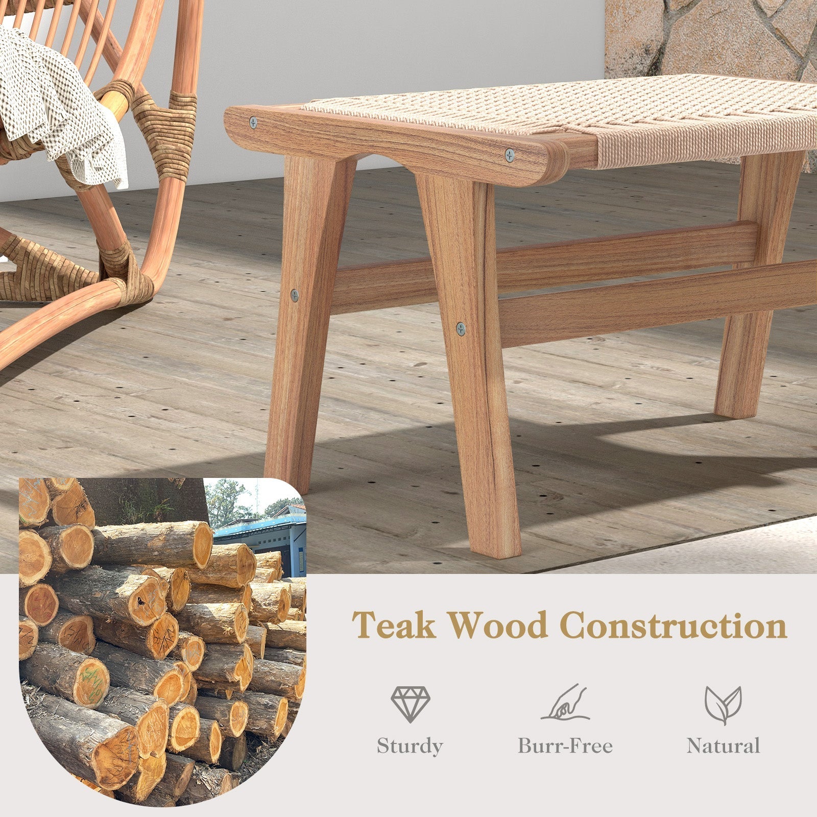 Teak Wood Ottoman Footstool with Braided Rope for Living Room