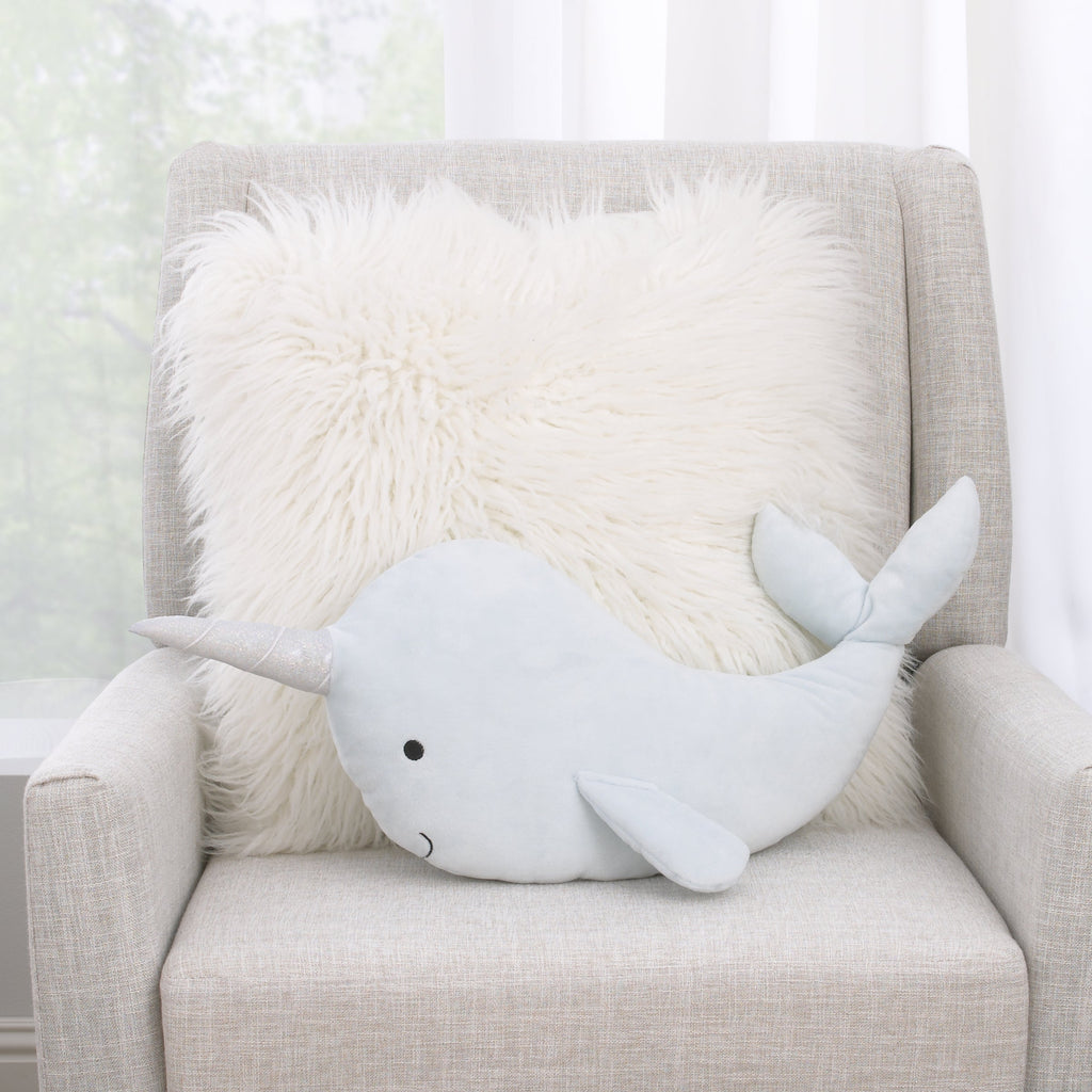 Light Blue Whimsical Narwhal Shaped Decorative Pillow with 3D Silver Metallic Horn