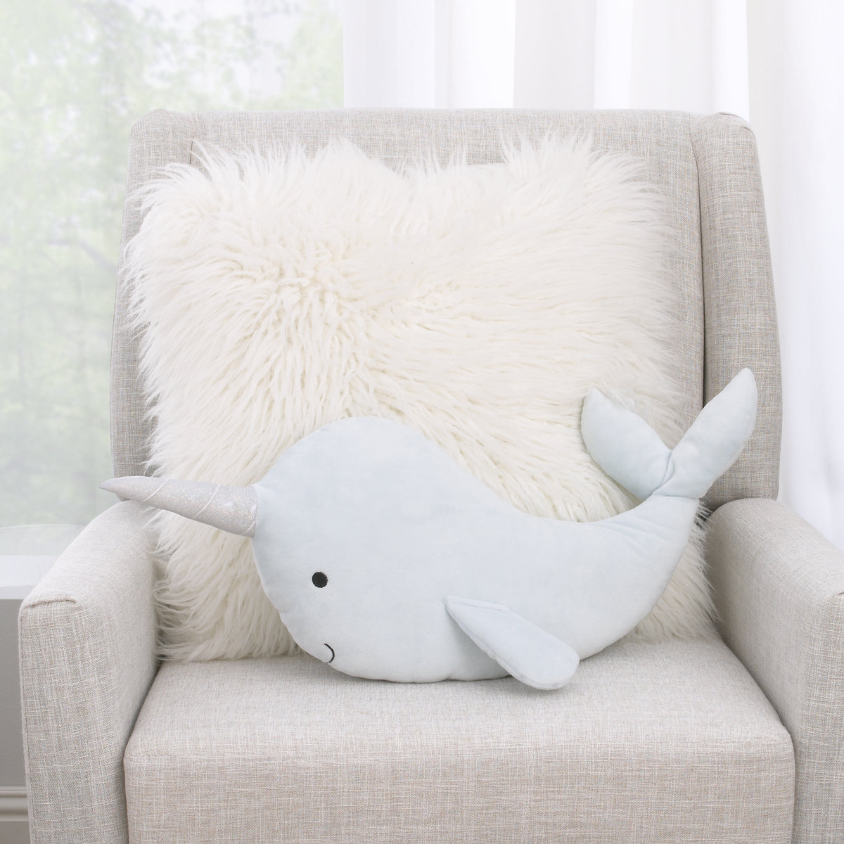 Light Blue Whimsical Narwhal Shaped Decorative Pillow with 3D Silver Metallic Horn