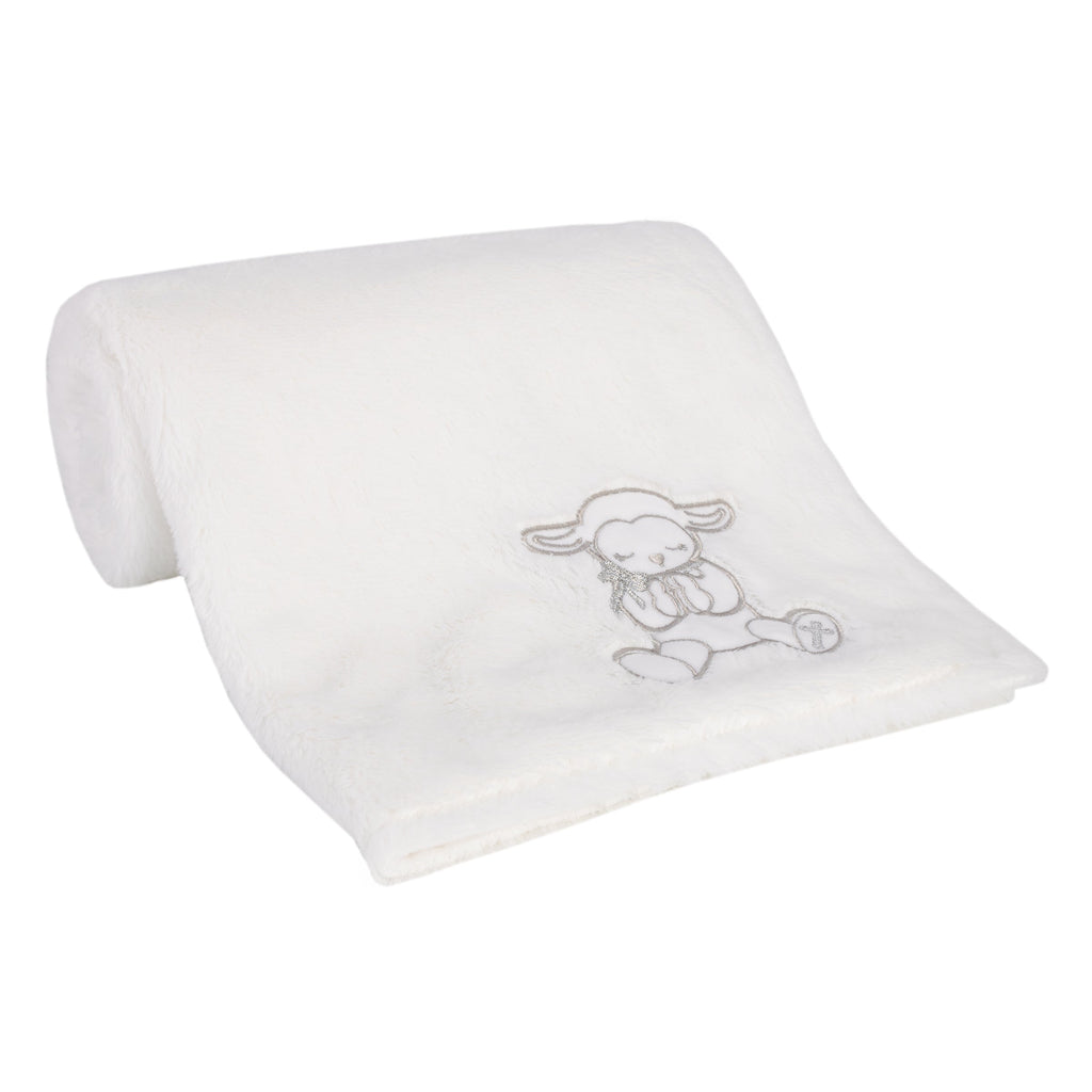 Little Love by NoJo Plush White Lamb Baptism Baby Blanket with Praying Hands and Embroidered Cross for Baptism or Christening Gifts