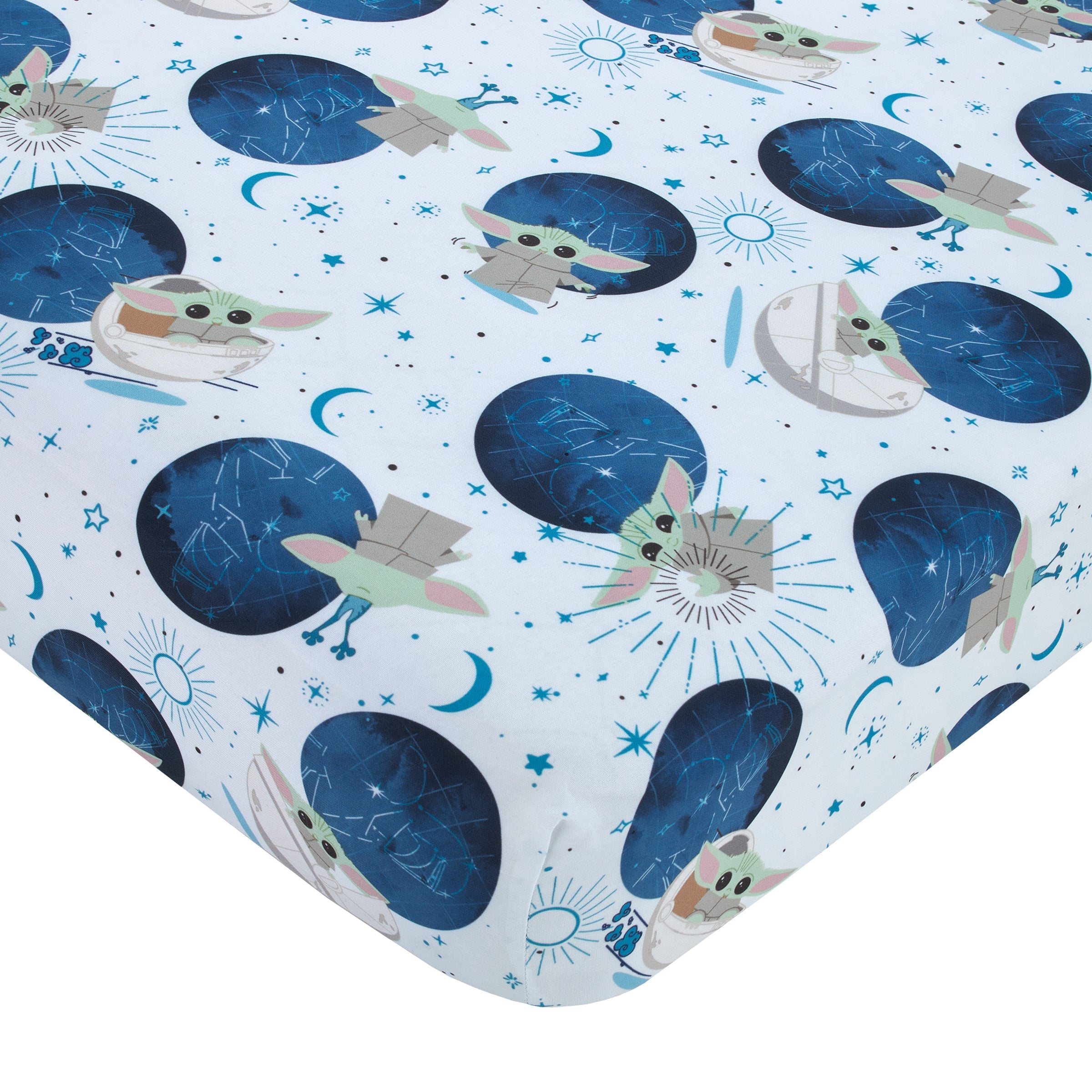 Star Wars The Child - Little Bounty Blue, Green and White Grogu "The Force is Strong with this Child" 4 Piece Toddler Bed Set - Comforter, Fitted Bottom Sheet, Flat Top Sheet and Reversible Pillowcase