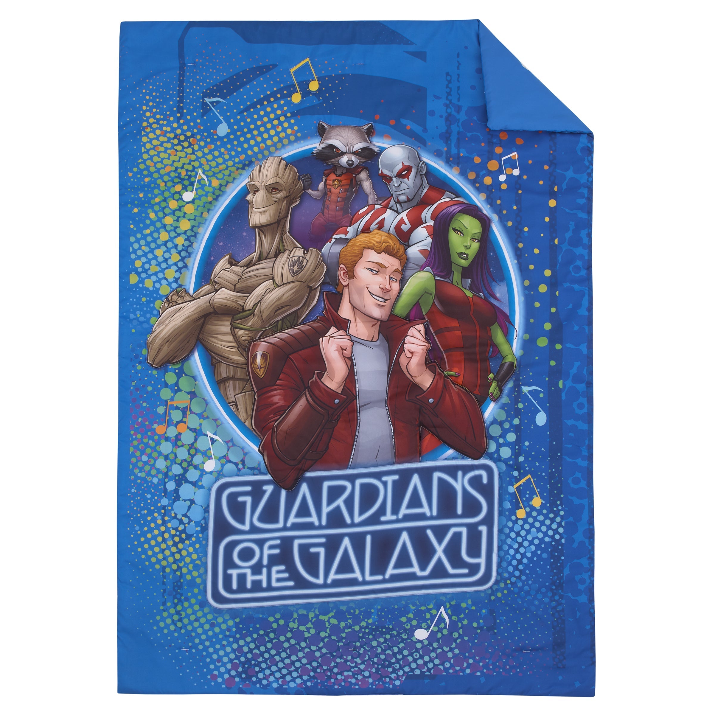 Guardians of the Galaxy Blue Let's Rock 4 Piece Toddler Bed Set - Comforter, Fitted Bottom Sheet, Flat Top Sheet, and Reversible Pillowcase