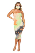 Tie Dye Tube Dress w/ Mask - Orange/Neon Green/Black
