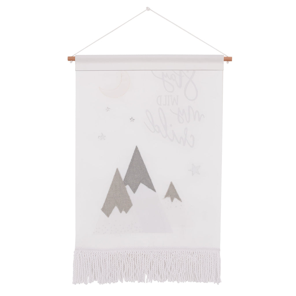 Stay Wild My Child White, Gray and Yellow Mountains, and Crescent Moon Wall DÃ©cor Banner