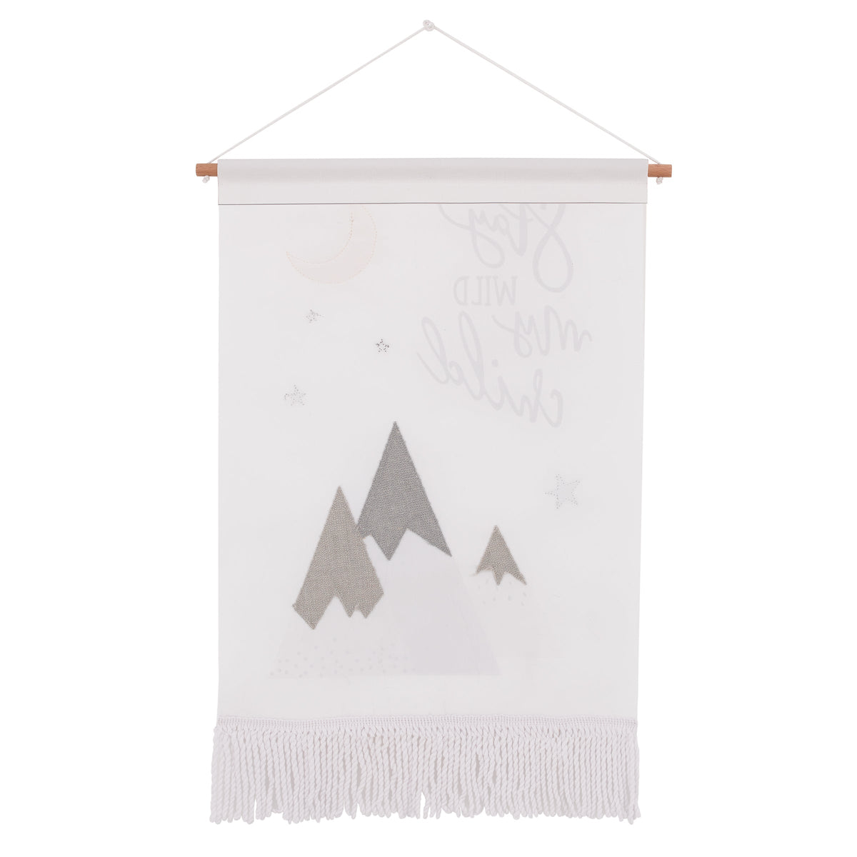 Stay Wild My Child White, Gray and Yellow Mountains, and Crescent Moon Wall DÃ©cor Banner
