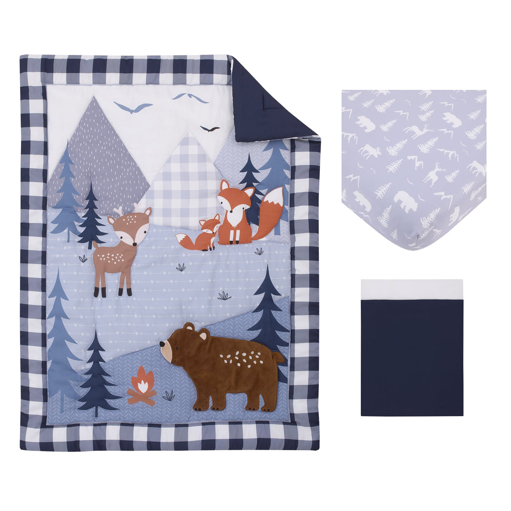 National Park Navy Buffalo Check, Gray, Blue, and Brown Camping Bear, Deer, and Fox 3 Piece Nursery Crib Bedding Set - Comforter, Fitted Crib Sheet, and Crib Skirt