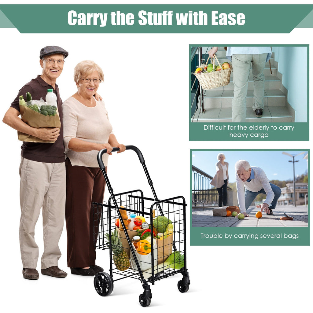 Folding Shopping Cart Basket Rolling Trolley with Adjustable Handle