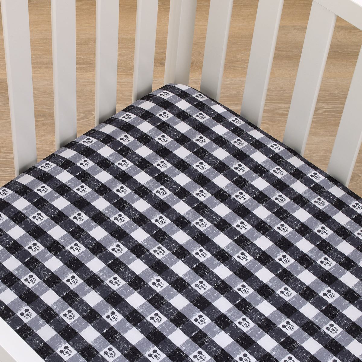 Mickey Mouse - Black, White and Gray Plaid Nursery Fitted Crib Sheet