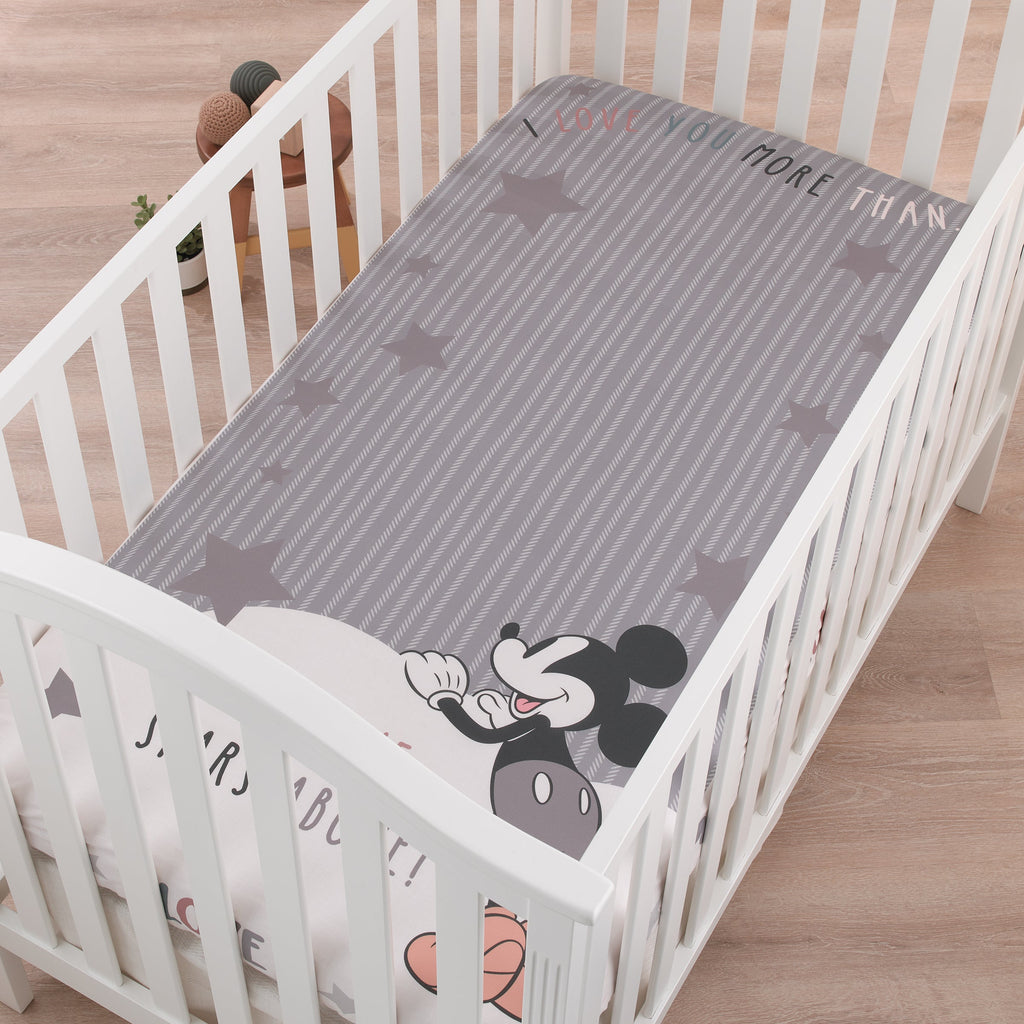 Mickey Mouse Love Mickey Gray, White, and Tan I Love You More Than All The Stars Above Photo Op 100% Cotton Fitted Crib Sheet