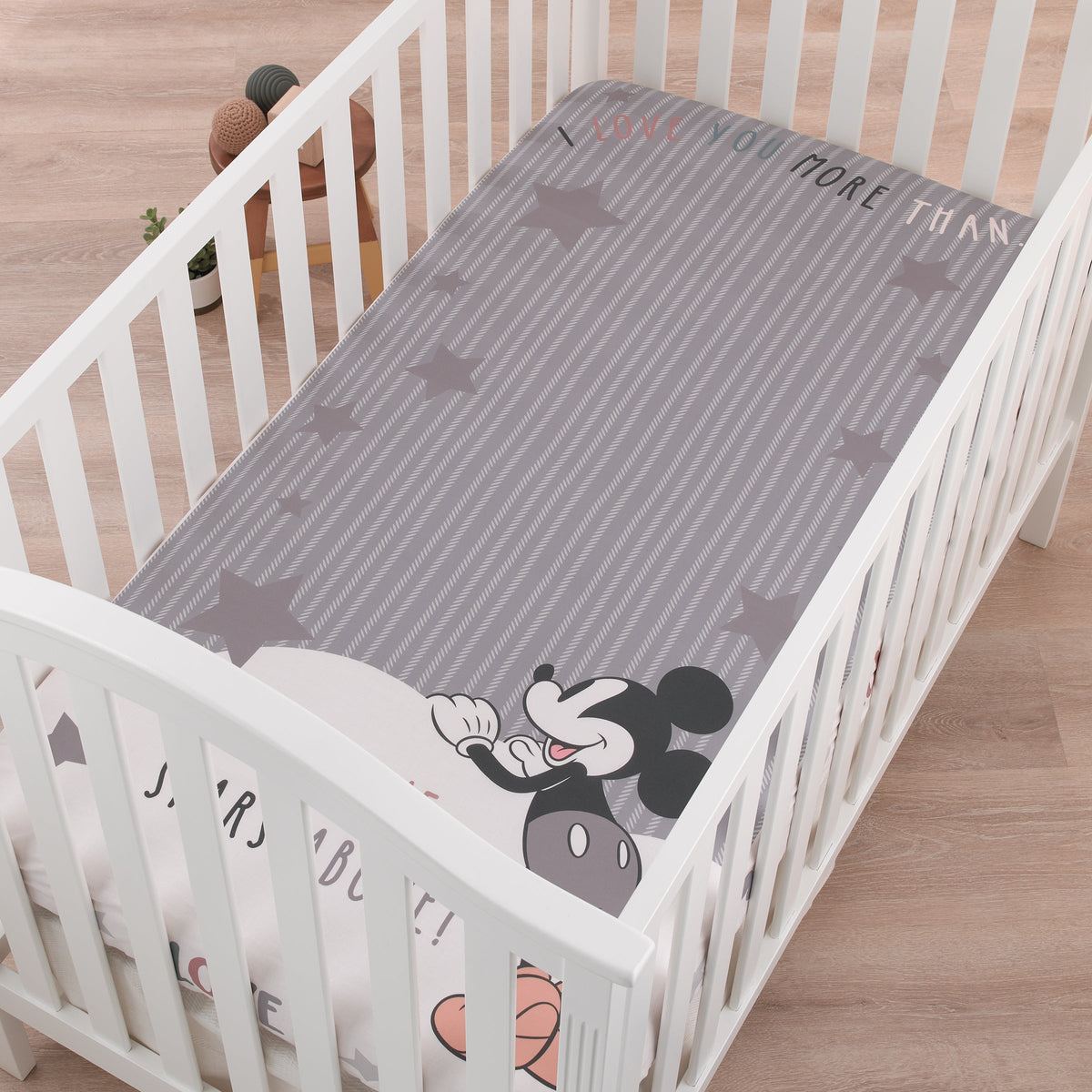 Mickey Mouse Love Mickey Gray, White, and Tan I Love You More Than All The Stars Above Photo Op 100% Cotton Fitted Crib Sheet