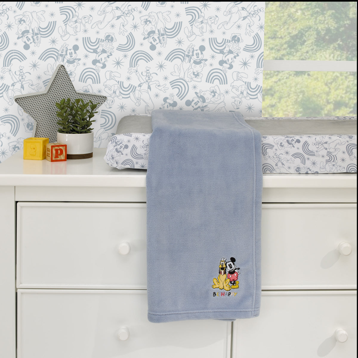 Mickey and Friends Blue, Gold and Red Pluto and Mickey Mouse Be Happy Super Soft Appliqued Baby Blanket