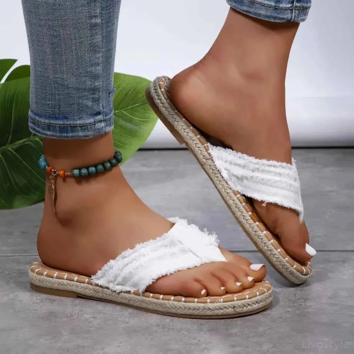 Toe Post Raw Hem Flat Sandals with Jute Trim