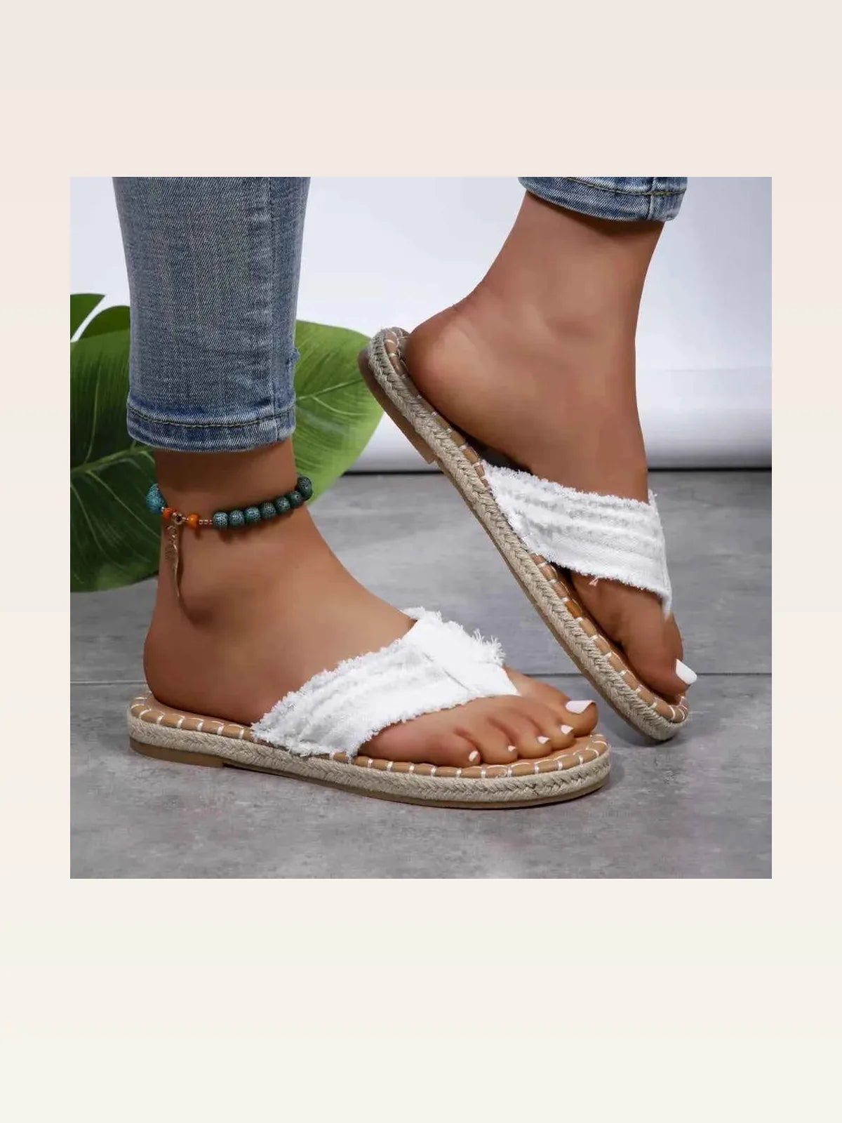 Toe Post Raw Hem Flat Sandals with Jute Trim