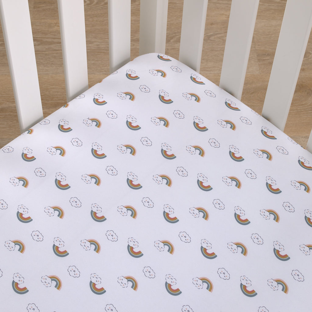 Chasing Rainbows - White, Peach, Teal, and Gold Clouds and Rainbows Super Soft Fitted Crib Sheet