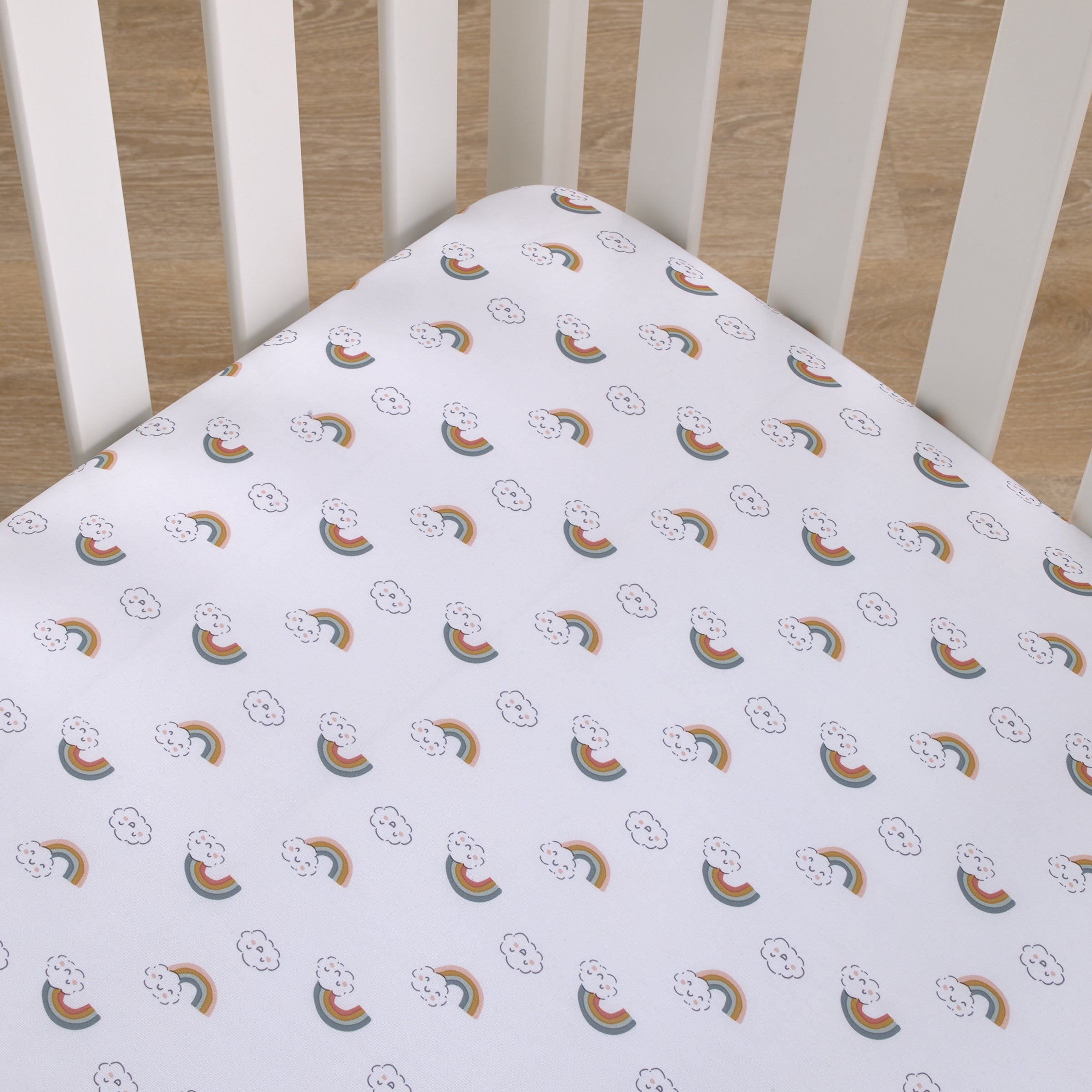 Chasing Rainbows - White, Peach, Teal, and Gold Clouds and Rainbows Super Soft Fitted Crib Sheet