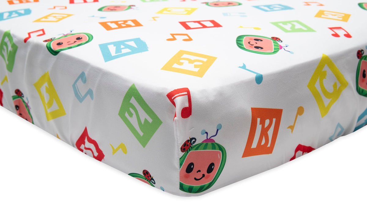 CoComelon Learning Is Fun 4 Piece Toddler Bed Set - Includes Comforter, Fitted Bottom Sheet, Flat Top Sheet, Reversible Pillowcase