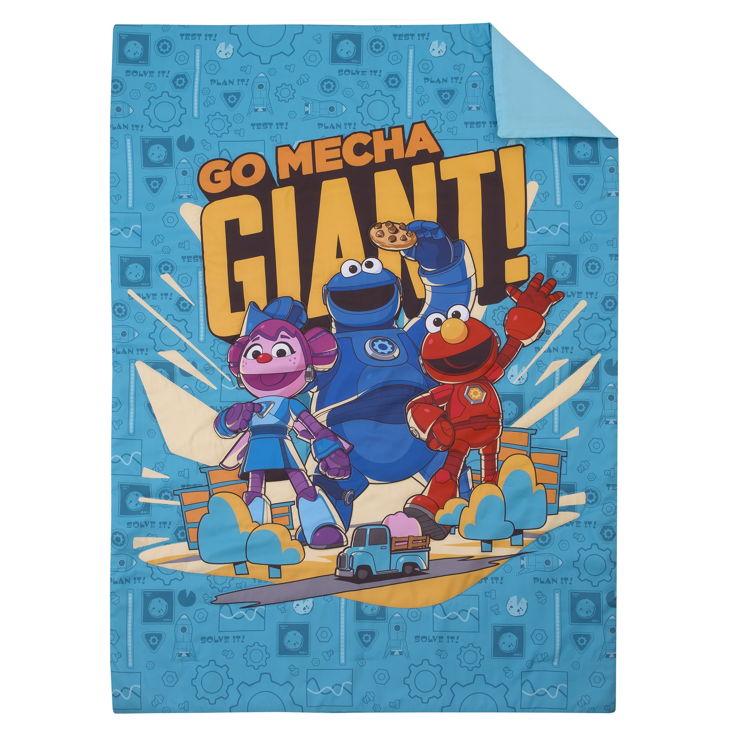 Mecha Builders Blue, Red, and Gold, with Cookie Monster, Elmo and Abby 4 Piece Toddler Bed Set - Comforter, Fitted Bottom Sheet, Flat Top Sheet, and Reversible Pillowcase