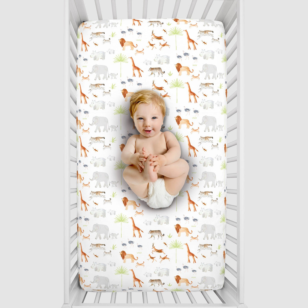 Watercolor Jungle Animals Crib Sheet - Mini Fitted Crib Sheet - Designed in The USA â€“ 24â€ x 38â€ x 5â€