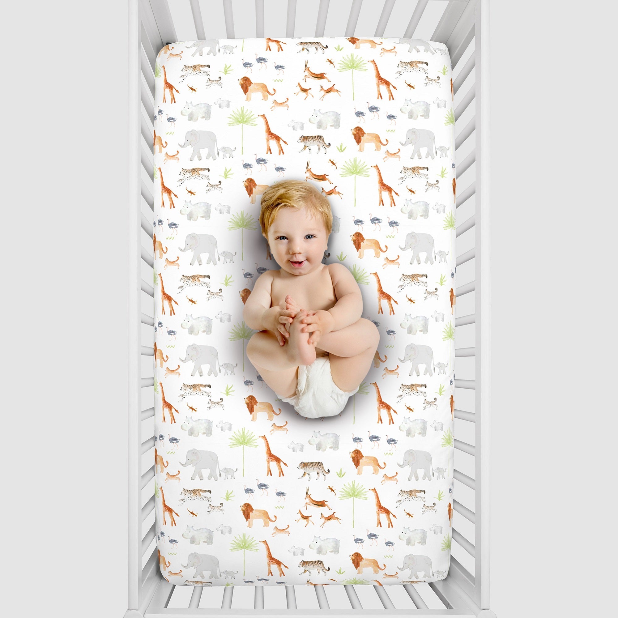 Watercolor Jungle Animals Crib Sheet - Mini Fitted Crib Sheet - Designed in The USA â€“ 24â€ x 38â€ x 5â€