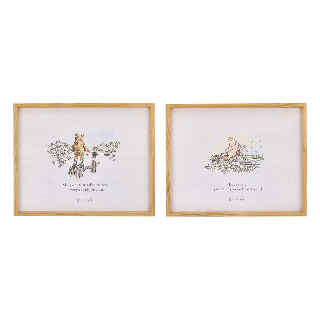 Winnie the Pooh - Classic Pooh "Lucky Me, You're My Very Best Friend" with Piglet Natural Pine Wood Framed Art Canvas Wall DÃ©cor